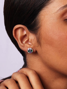 Mia by Tanishq - Geometric Emerald Enigma Silver Stud Earrings