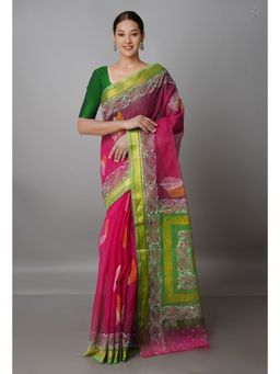 Unnati Silks - Pink Pure Block Printed Kota Cotton Saree with Unstitched Blouse