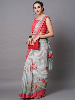 Odette - Grey Festive Linen Blend Printed Saree with Unstitched Blouse