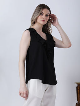 Qurvii - Black Crepe Regular Fit Top with Curved Hemline