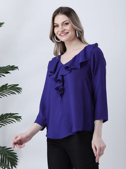 Qurvii - Blue Ruffle Neck Top