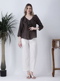 Qurvii - Dark Brown Ruffle Neck Top