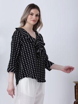 Qurvii - Black Polka and Stripe Ruffle Neck Top