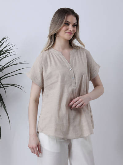 Beige Drop Shoulder Half Placket Linen Top