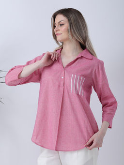 Qurvii - Pink Half Placket Collared Linen Top