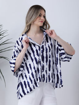 Qurvii - Navy Rayon Loose Fit Shirt with Asymmetric Hemline