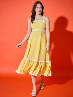 Buynewtrend - Yellow Ruffled Trim Flowy Maxi Women's Dress with Spaghetti Straps