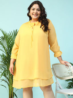 Oxolloxo - Women Plus Size Yellow Ruffled Neck with Tie-Up String Knee Length Dress