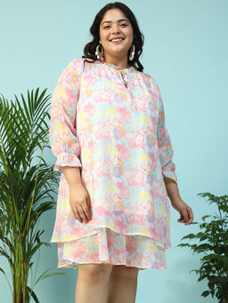 Oxolloxo - Women Plus Size Multicolour Floral Print Ruffled Neck Dress