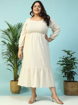 Oxolloxo - Women Plus Size Beige Square Neck Cotton Gauze Dress