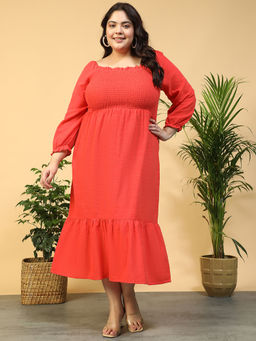 Oxolloxo - Women Plus Size Coral Square Neck Cotton Gauze Dress
