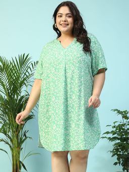 Oxolloxo - Women Plus Size Green Floral Printed Short Sleeve Knee Length Dress