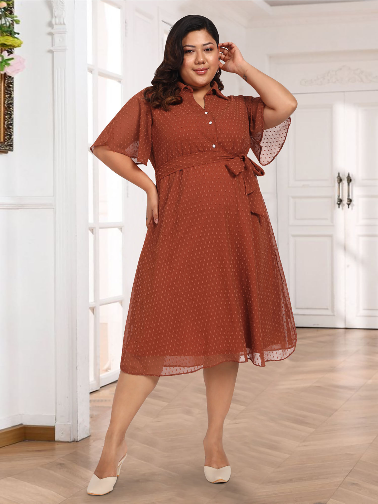 martini Women Brown Dobby Plus Size Shirt Western Dress-picture-42