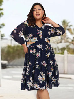 Martini - Women Navy Blue Plus Size Floral Cutout Western Dress