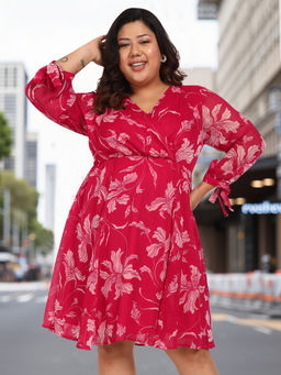 Martini - Women Pink White Plus Size Floral Western Dress