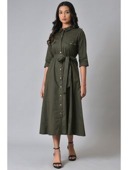 W - Green Solid Dress With Belt (Set of 2)