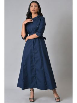 W - Blue Solid Dress With Belt (Set of 2)