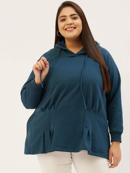 theRebelinme - Plus Size Womens Teal Solid Color Front Pleated Knitted Sweatshirt