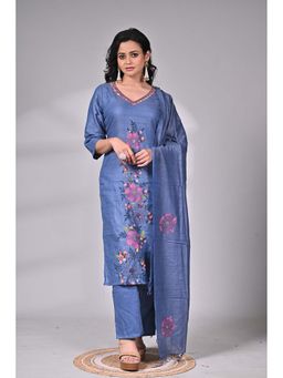 SAANTHA - Blue Linen Hand Embroidery Kurta with Pant & Dupatta