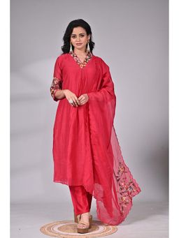 SAANTHA - Crimson Silk Hand Embroidery Kurta with Pant & Dupatta