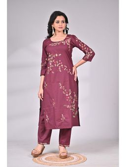 SAANTHA - Wine Cotton Embroidered Kurta with Pant & Dupatta