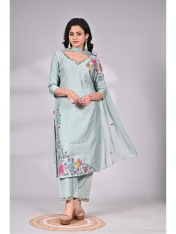 SAANTHA - Mint Green Mul Cotton Silk Embroidered Kurta with Pant & Dupatta