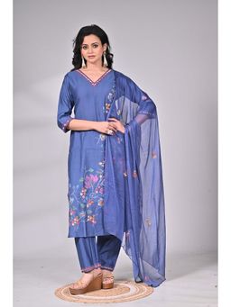 SAANTHA - Navy Blue Cotton Silk Floral Embroidery Kurta with Pant & Dupatta