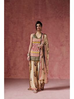 Saanjh by Lea - Afreen Ajrakh Print Halter Neck Kurti with Pant & Dupatta