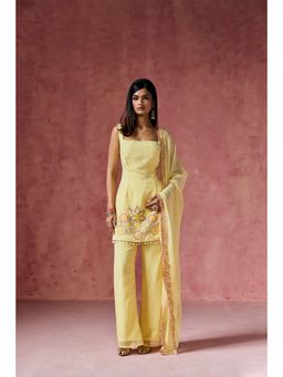 Saanjh by Lea - Ziya Yellow Floral Embroidered Kurti with Palazzo & Dupatta