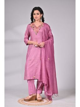 SAANTHA - Rose Pink Linen Hand Embroidery Kurta with Pant & Dupatta