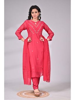 SAANTHA - Rani Pink Silk Zari Embroidered Kurta with Pant & Dupatta