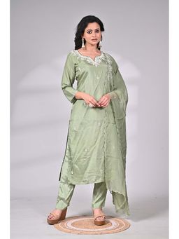 SAANTHA - Sage Green Silk Embroidered Kurta with Pant & Dupatta