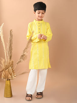 Lilpicks - Button Down Straight Mandarin Collar Kurta Pajama Yellow White (Set of 2)