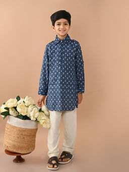 Lilpicks - Ethnic Motif Printed Collared Straight Kurta Pajama Blue White (Set of 2)