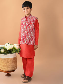 Lilpicks - Solid Kurta Pajama wit Embroidered Nehru Jacket Red (Set of 3)