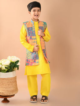 Lilpicks - Solid Kurta Pajama wit Brocade Jacket Yellow Multi (Set of 3)