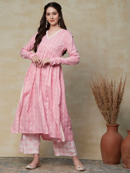 FASHOR - Ethnic Woven Lace Embroidered A-line Pleated Kurta with Palazzo - Pink (Set of 2)