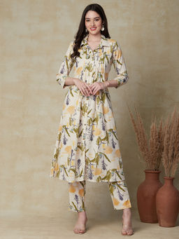FASHOR - Floral Printed Kurta with Pants - Off White & Yellow (Set of 2)