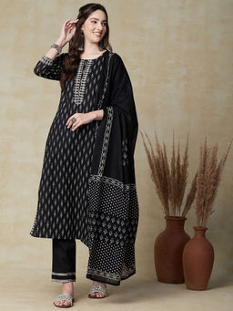 FASHOR - Printed Embroidered Kurta with Pants & Dupatta - Black (Set of 3)