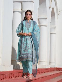 Gahan - Womens Poly Linen Mandarin Collar Blue Chanderi Print Kurta with Pant & Dupatta