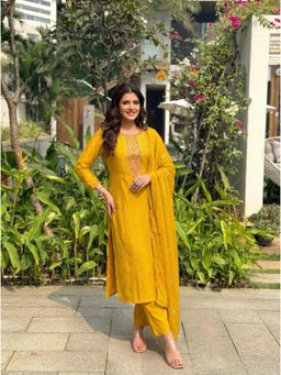 Gahan - Mustard Embroidered Silk Blend Straight Kurta with Sequinned Dupatta