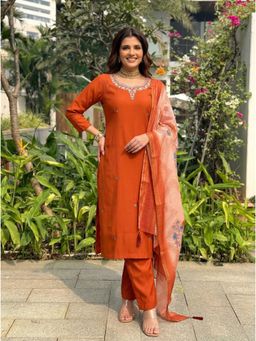 Gahan - Rust Embroidered Silk Blend Straight Kurta with Pant & Printed Dupatta