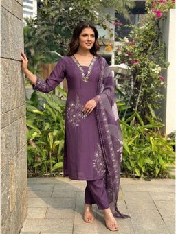 Gahan - Purple Embroidered Silk Blend Straight Kurta with Pant & Printed Dupatta