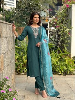 Gahan - Teal Embroidered Silk Blend Straight Kurta with Pant & Printed Dupatta