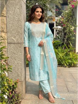 Gahan - Turquoise Embroidered Silk Blend Straight Kurta with Pant & Printed Dupatta
