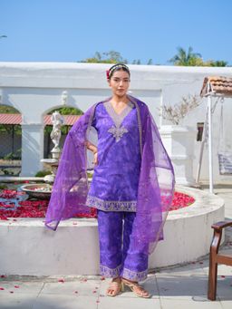 Gahan - Womens Purple Organza Kurta with Palazzo & Dupatta