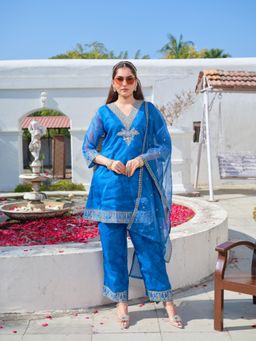 Gahan - Womens Blue Organza Kurta with Palazzo & Dupatta