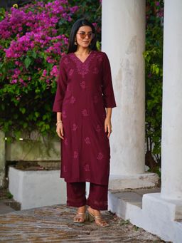 Gahan - Womens V-Neck Wine Rayon Chikankari Kurta with Palazzo