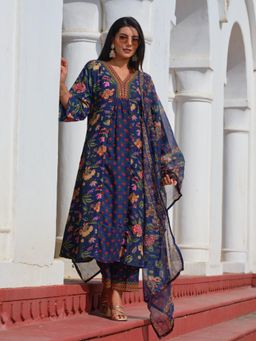 Gahan - Womens Navy Blue V-Neck Rayon Anarkali Kurta with Pant & Dupatta