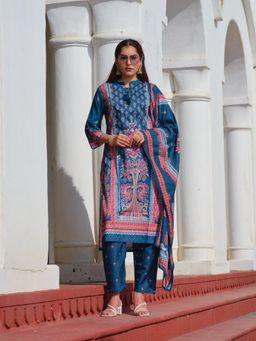 Gahan - Womens Mandarin Collar Muslin Printed Blue Muslin Print Kurta with Pant & Dupatta